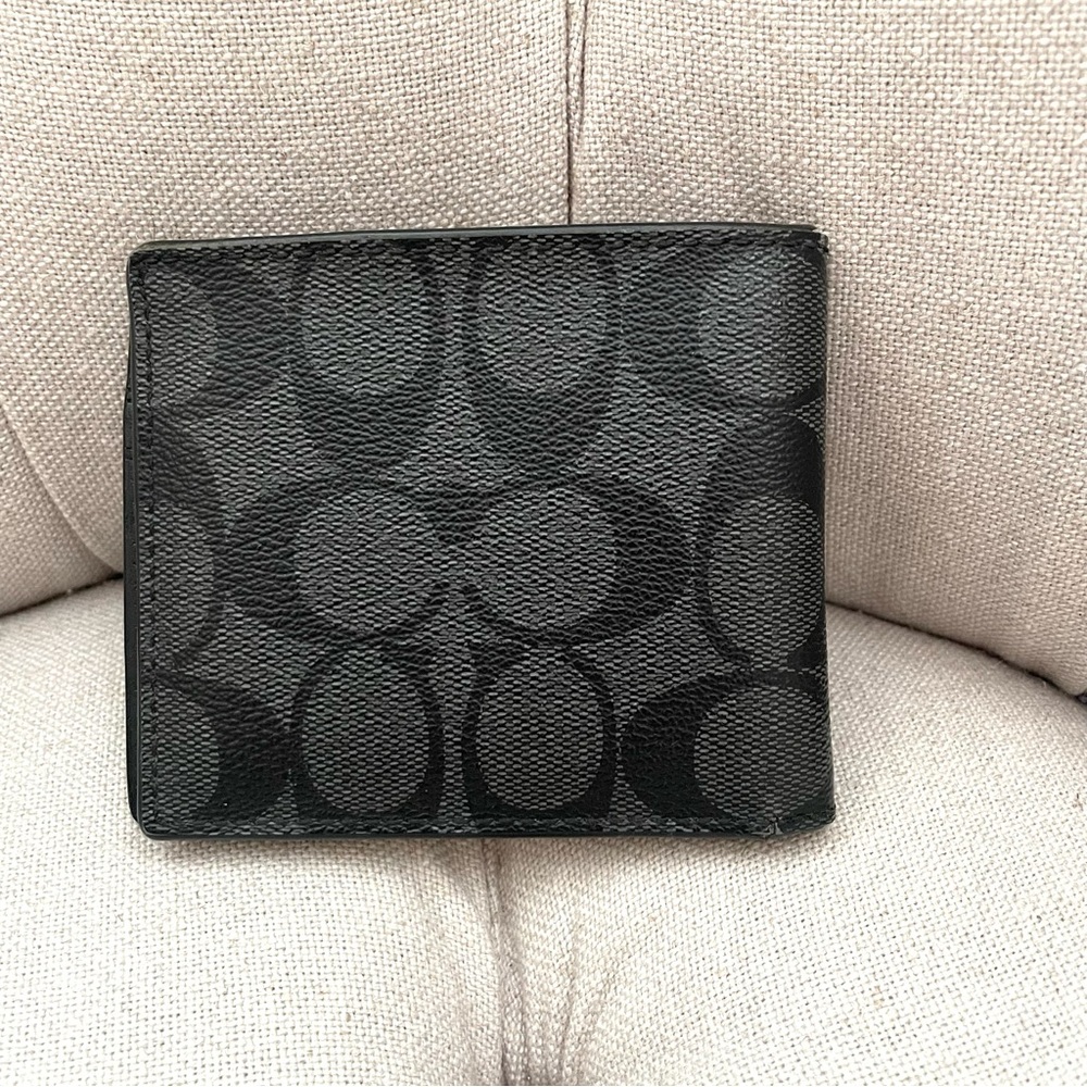 🖤 Men's COACH Signature monogram logo Leather bifold Wallet Charcoal Black